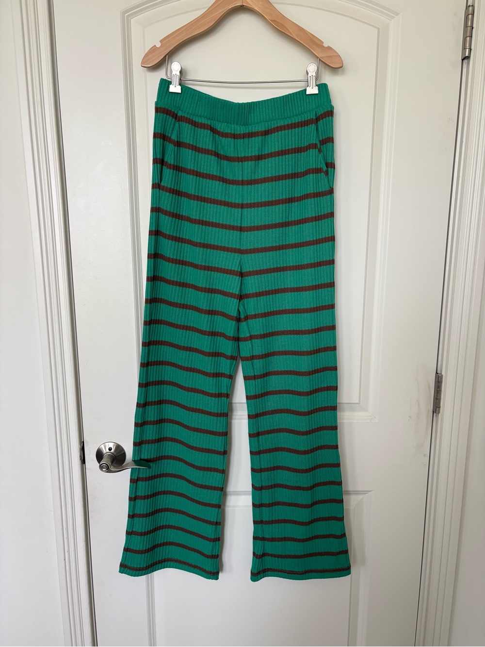 New’m Green Ribbed Knit Wide-Leg Pants with Brown Stripes size M